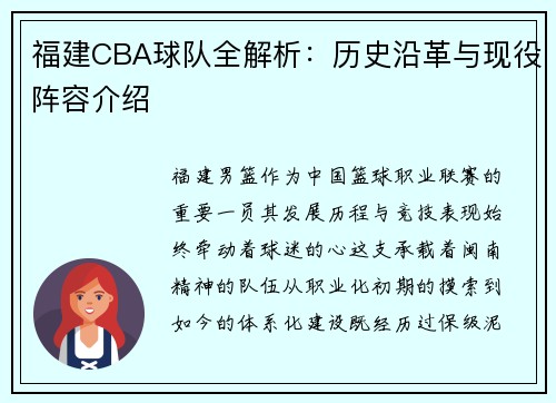 福建CBA球队全解析：历史沿革与现役阵容介绍